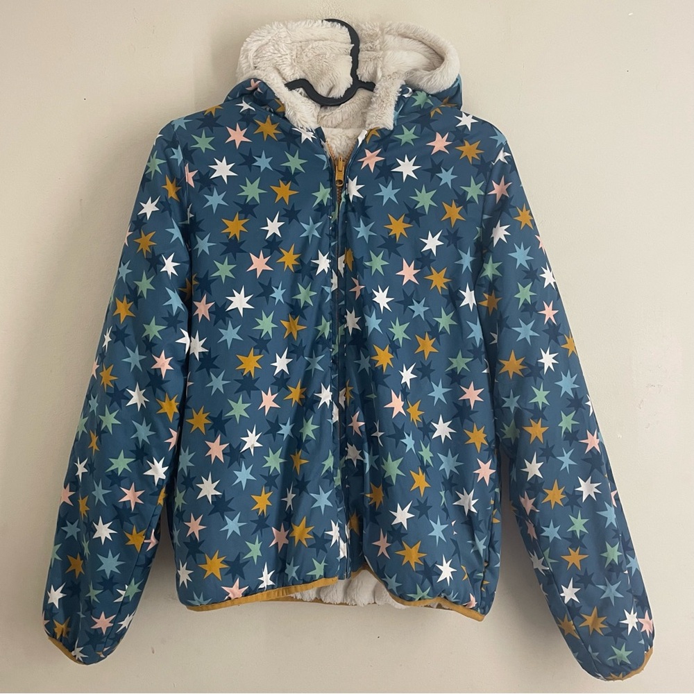 Hanna Andersson Star Print Hooded Jacket Sherpa Lines Blue Kids sz 150 (12)